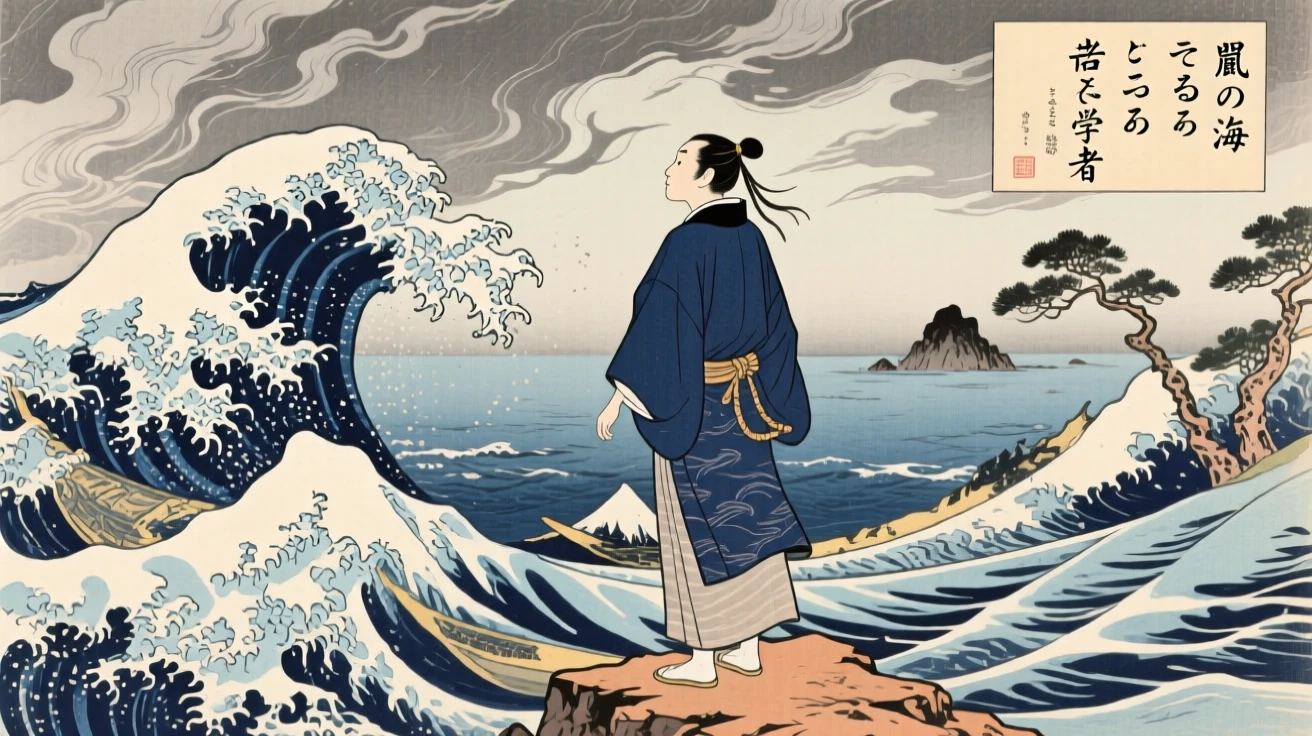 A young scholar gazing at a stormy sea from a rocky shore.