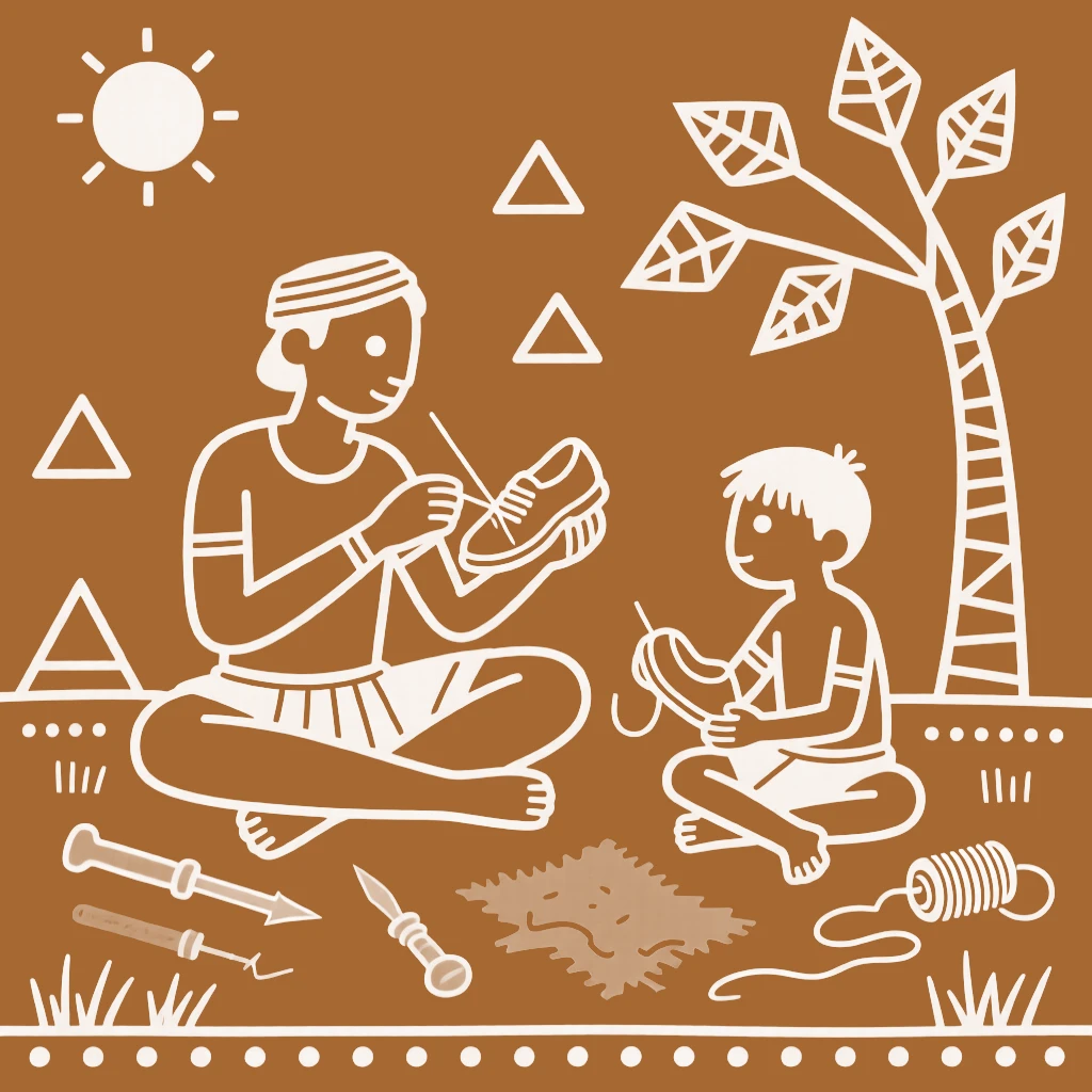 A cobbler teaching a young apprentice the family trade.