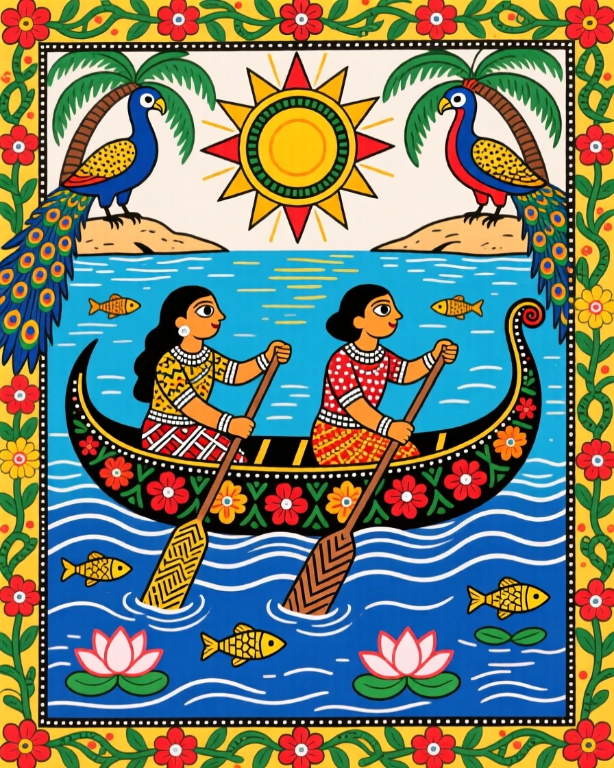 Islanders paddling an outrigger canoe across calm tropical waters.