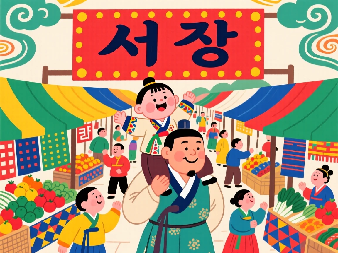 A boy riding on his father's shoulders through a crowded market.