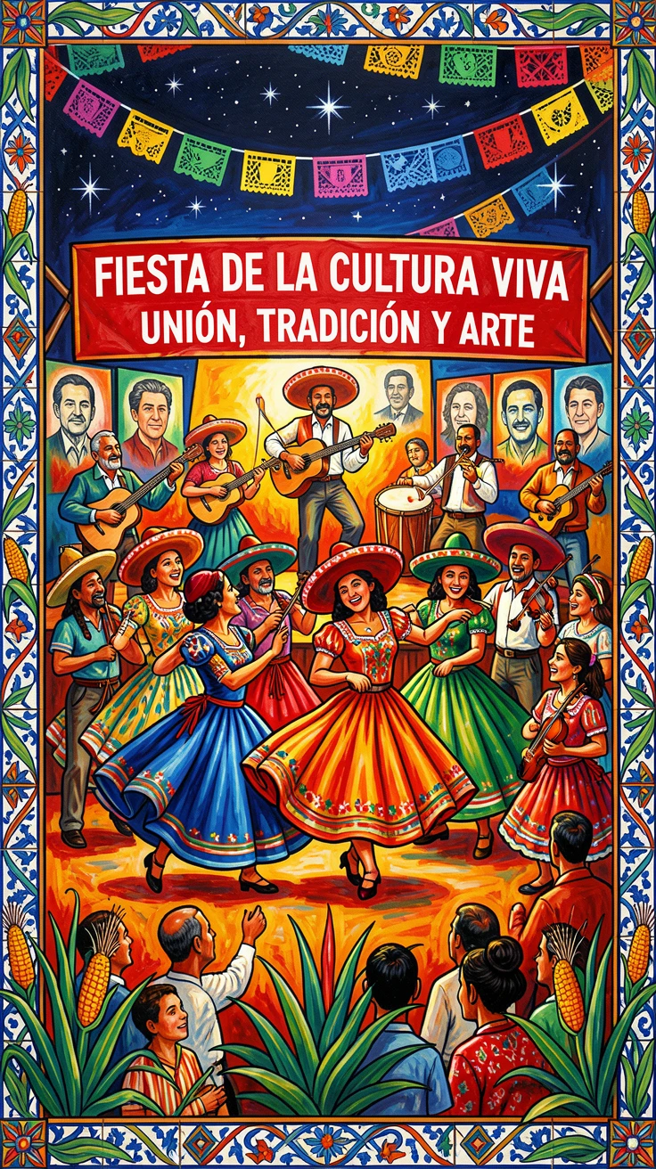 A festival stage filled with dancers and musicians at night