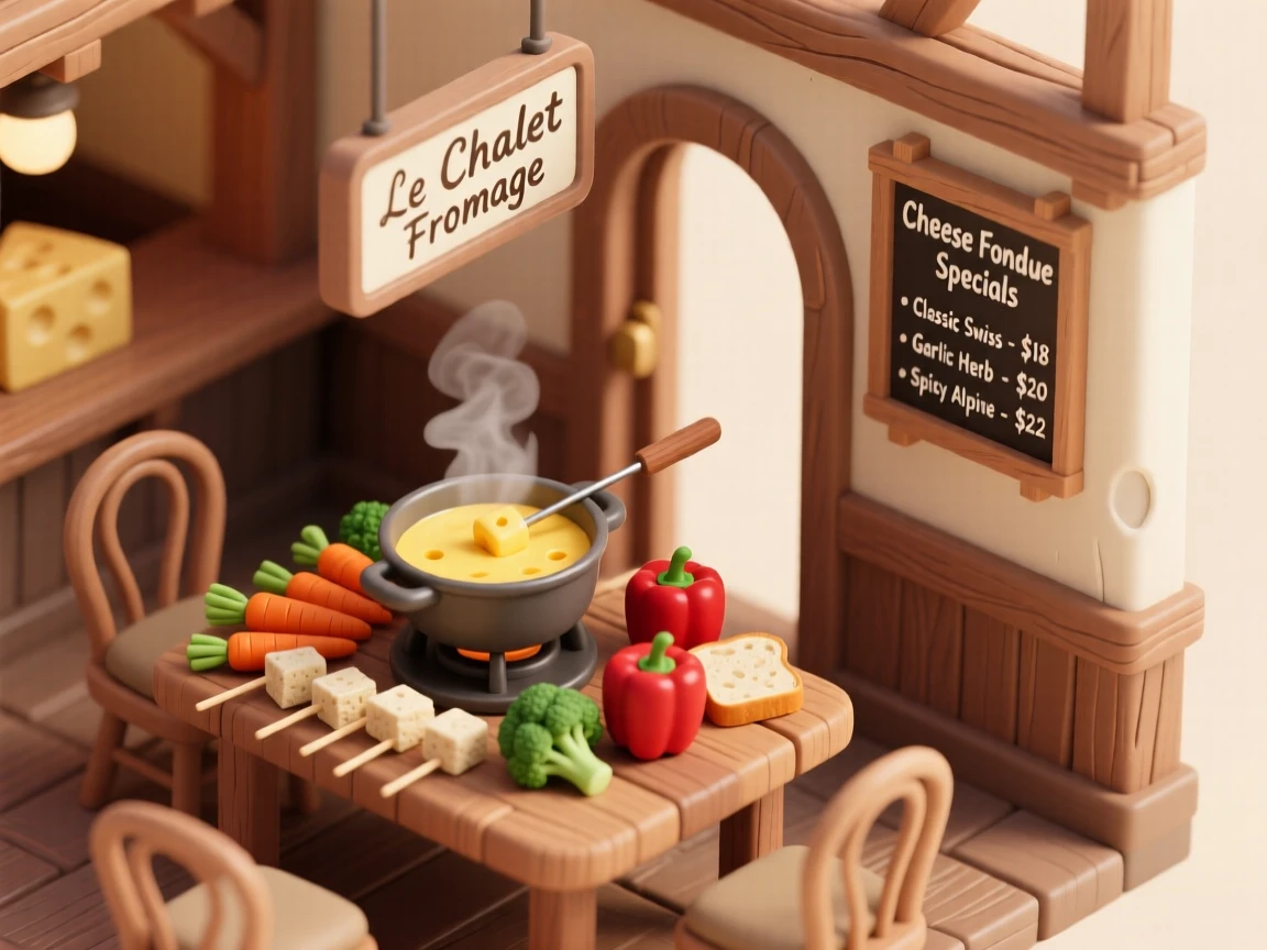 A rustic cheese fondue restaurant with a bubbling pot at the table center, skewers of bread and vegetables ready for dipping.