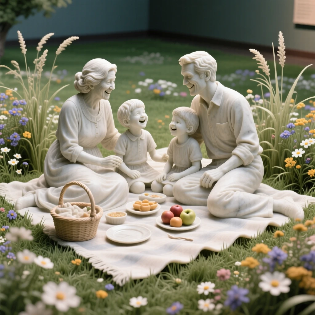 A heartwarming depiction of a family sharing a picnic in a flower-filled meadow, full of laughter and genuine connection