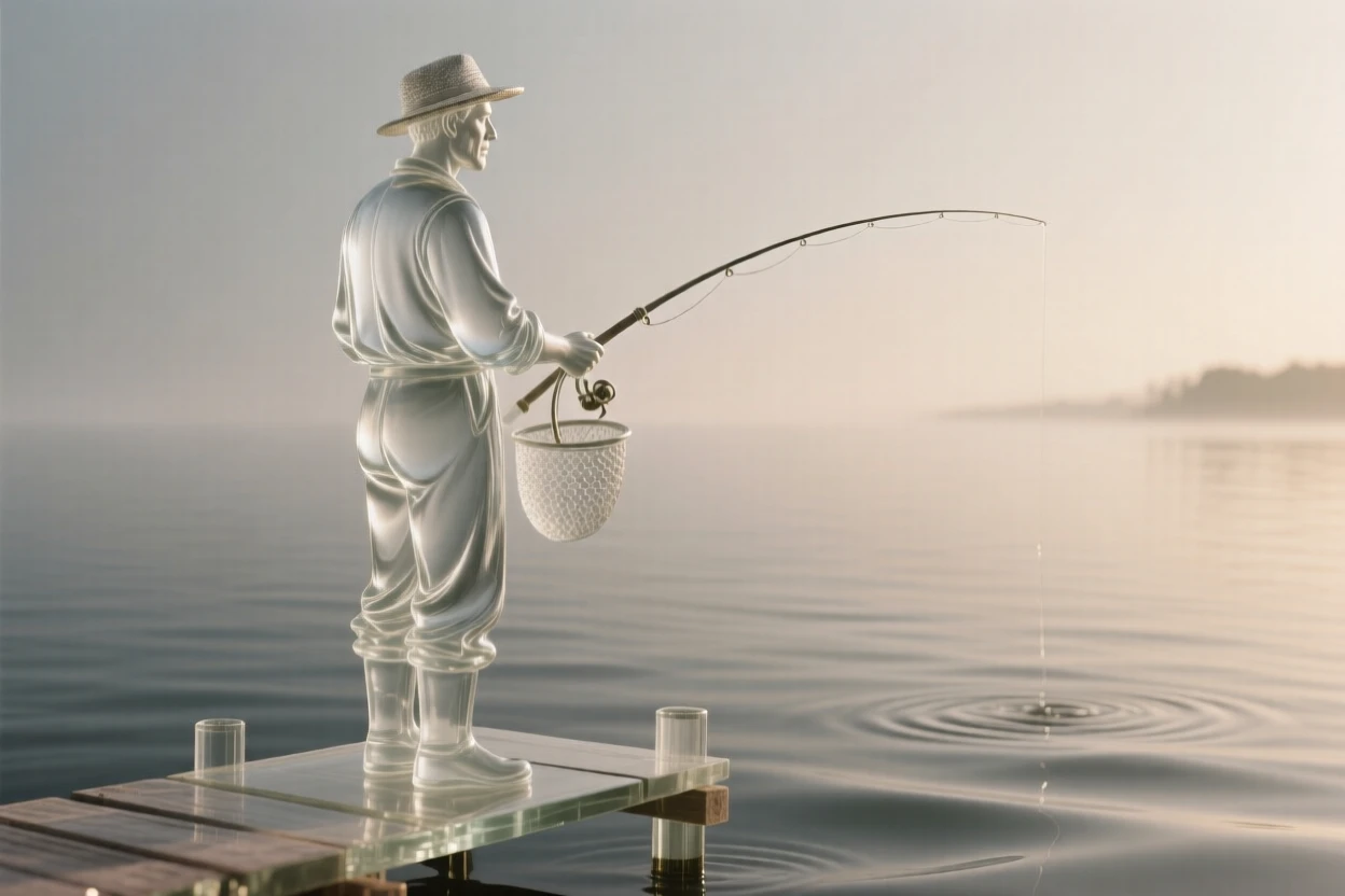 A fisherman gazing out over calm morning waters, softly lit by warm natural light, shallow depth of field isolating the subject, expression full of genuine emotion.