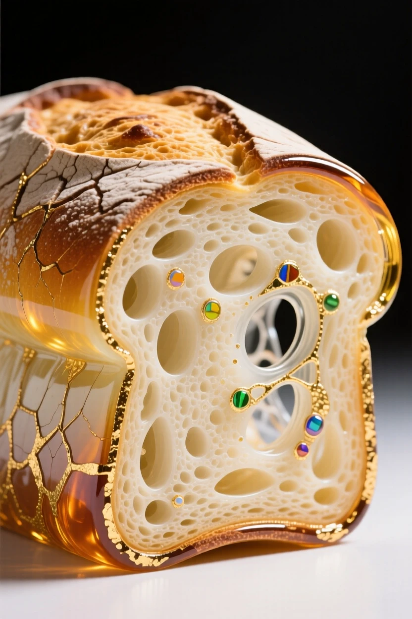 A rustic loaf of sourdough bread sliced open to reveal an airy crumb, wholesome and inviting.