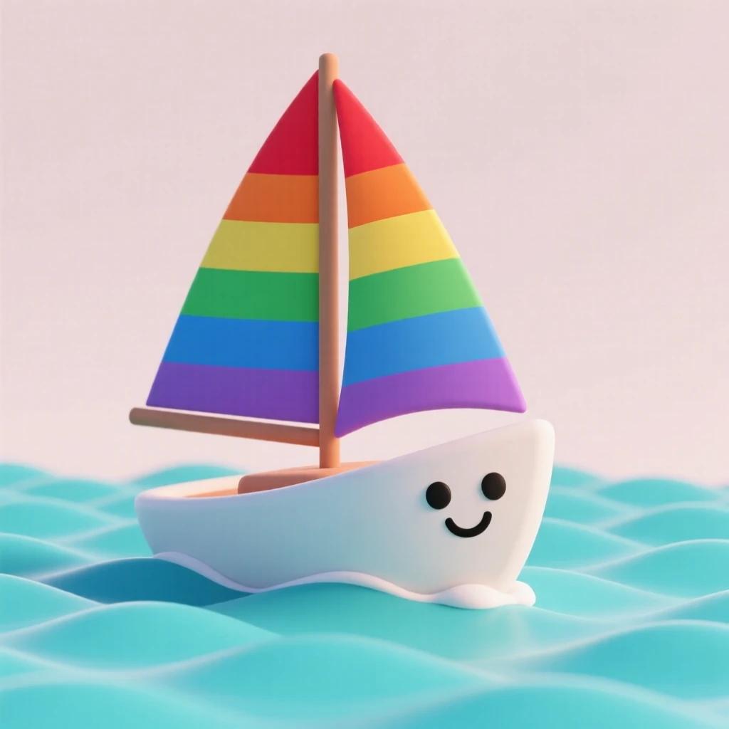 A friendly sailboat with a smiling bow bounces cheerfully over gentle turquoise waves under a rainbow sail.