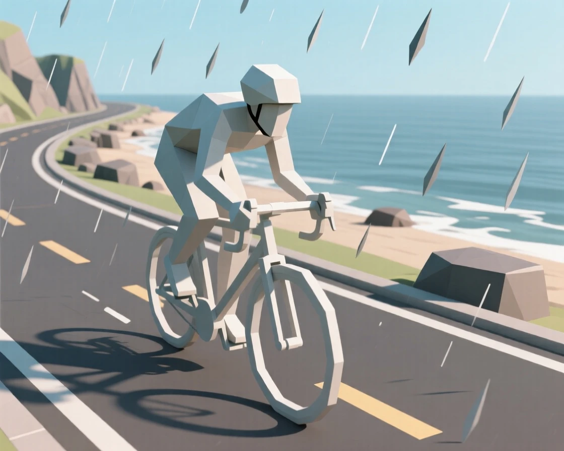 A cyclist racing along a scenic coastal road, on a quiet rainy afternoon. fine details highlight skill and craftsmanship. The moment radiates confidence and joy.