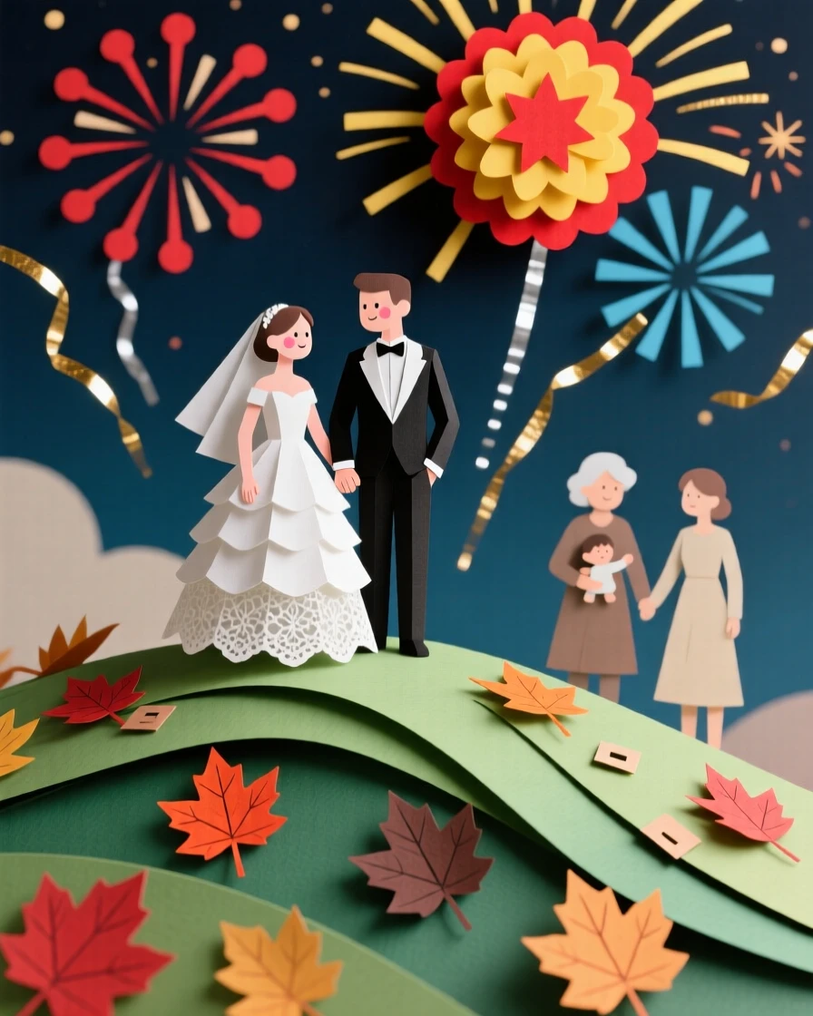 A pair of newlyweds watching fireworks from a hillside, with autumn leaves drifting past, evoking love across generations.