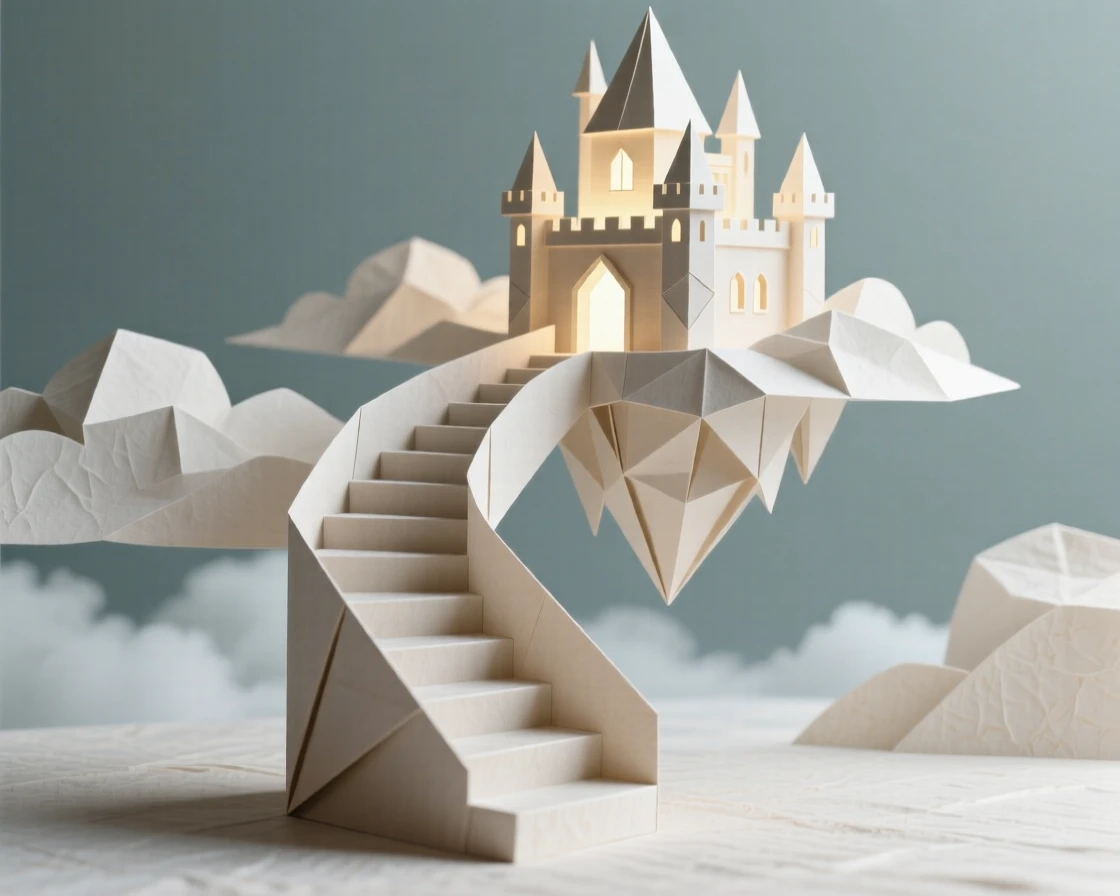 A staircase spiraling up into the clouds toward a floating castle glowing at its peak.