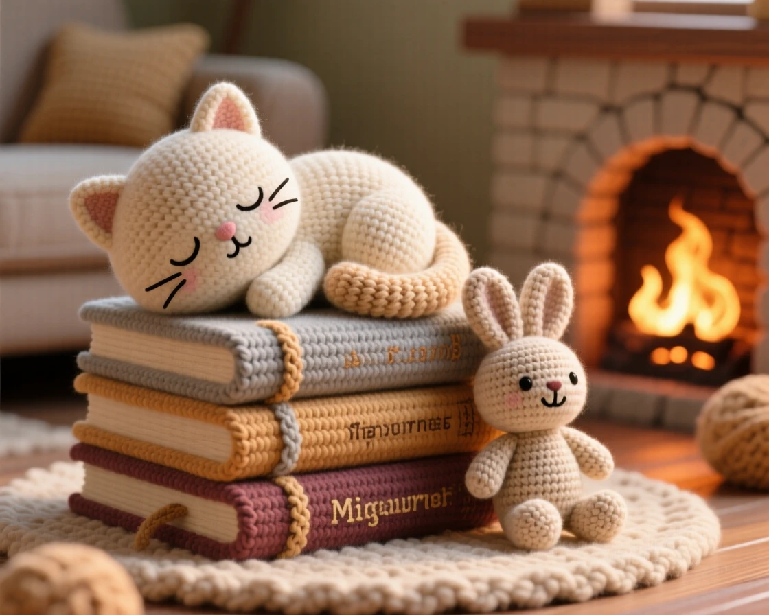 A tender everyday moment: a sleepy kitten curled on a stack of books with tail wrapped neatly around itself, dozing in a warm afternoon sunbeam inside a warm living room lit by a crackling fireplace; a favorite well-loved stuffed toy completes the scene, full of gentle contentment in a small daily ritual.
