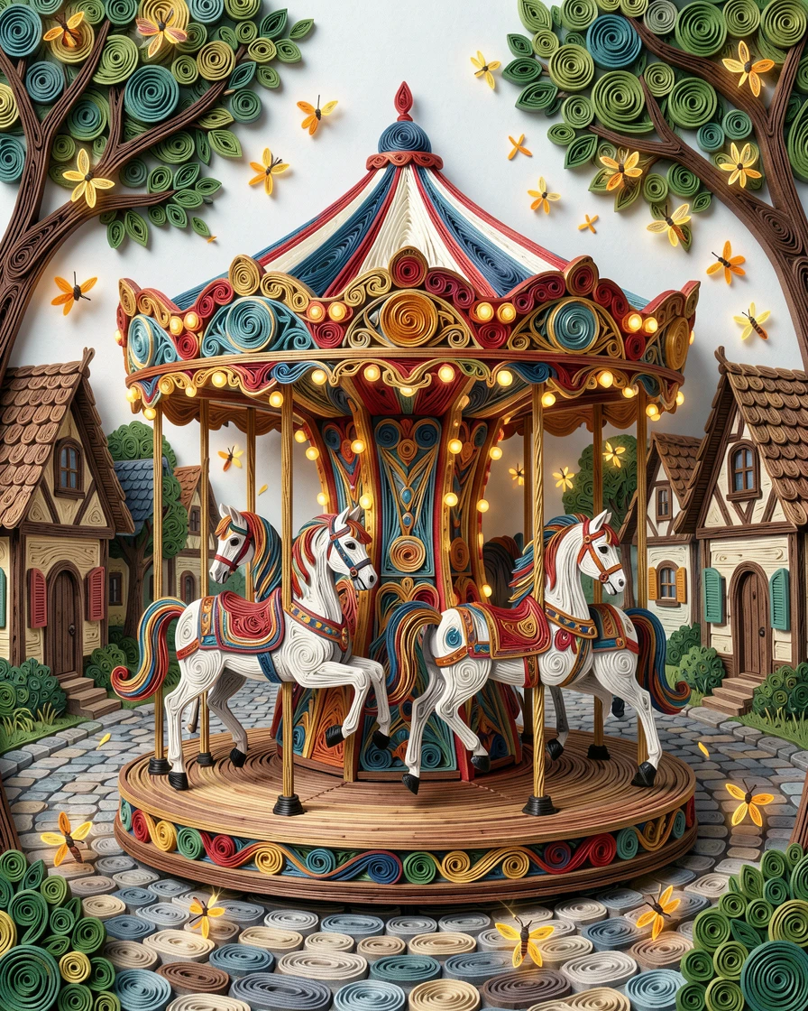 a carousel with painted horses spinning under lights, in a whimsical storybook village, arranged with bright cheerful symmetry, with tiny glowing fireflies scattered about.