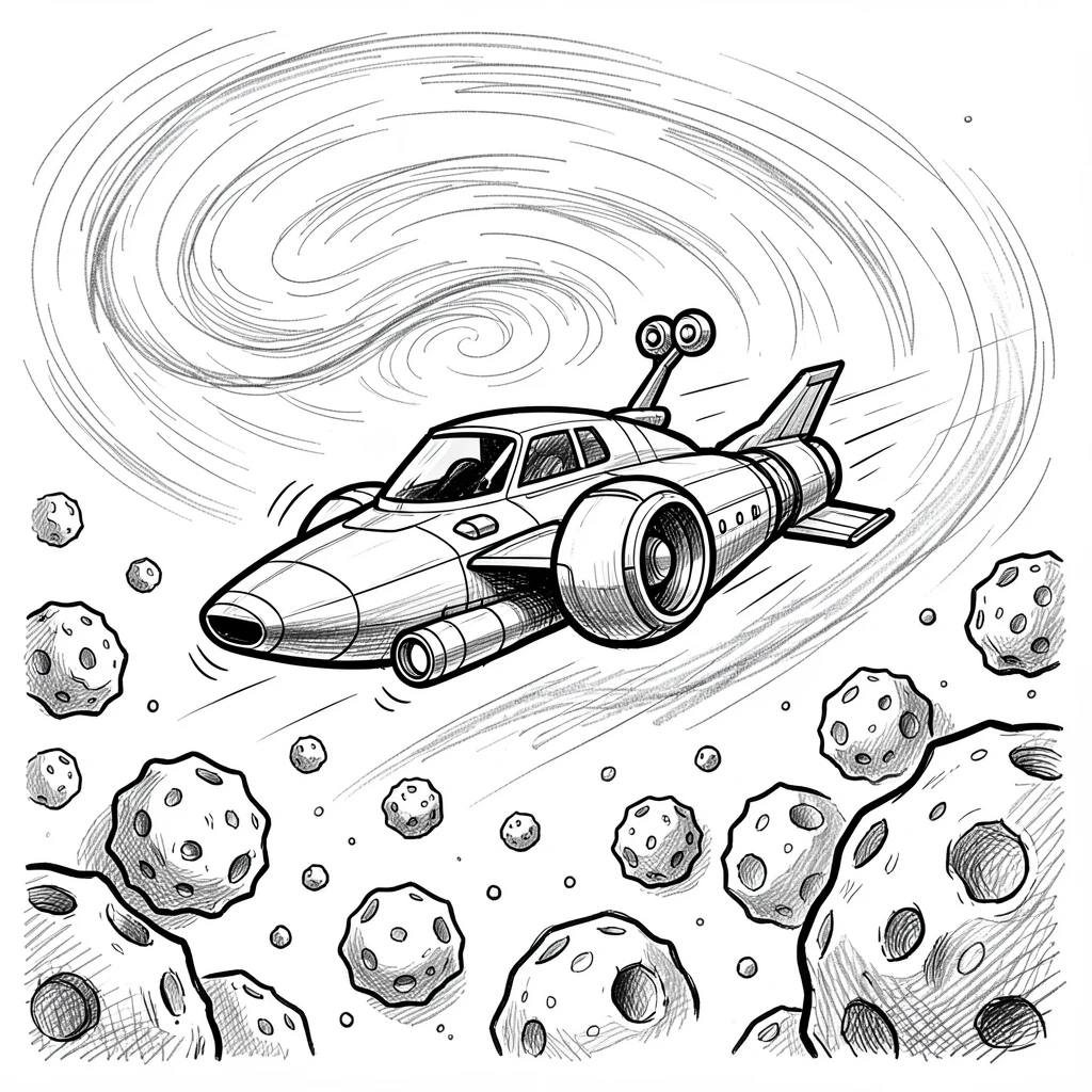 A spaceship gliding past a field of asteroids near a spiraling galaxy in the distance.