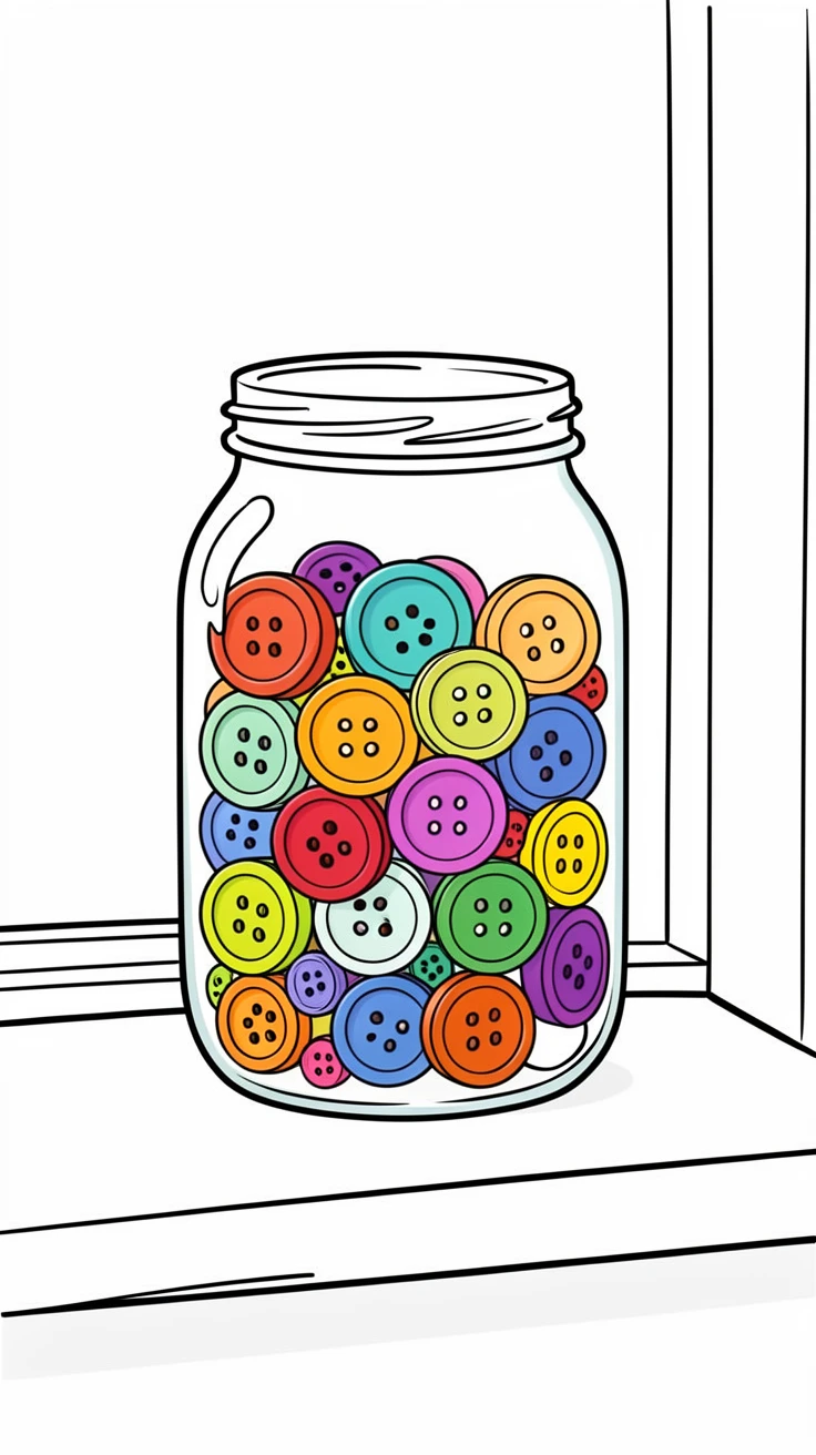 A jar of buttons in every color sorted by a windowsill.