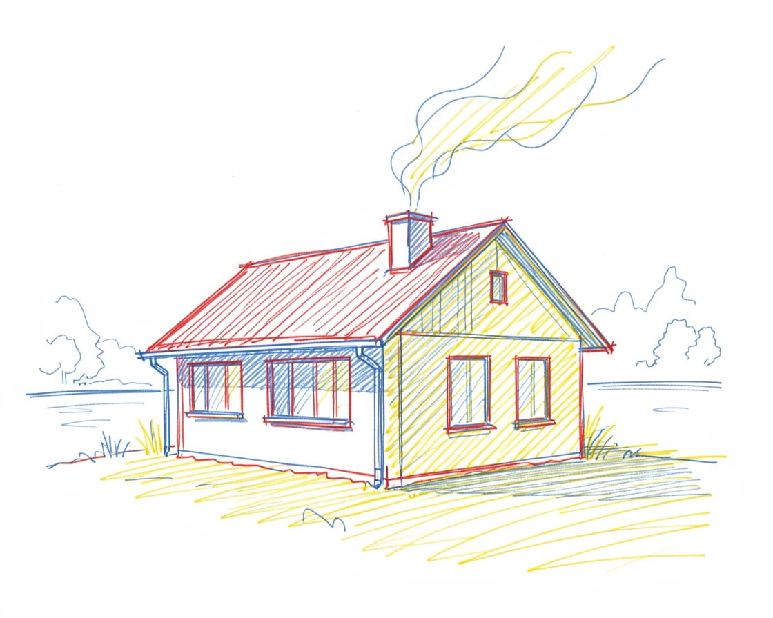 A quiet lakeside chalet with smoke rising from its chimney