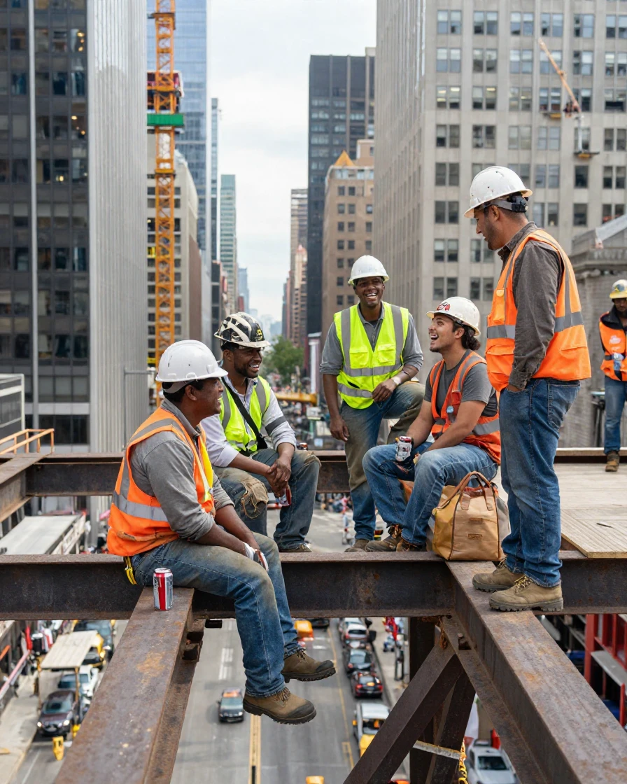 A construction crew shares a laugh over lunch atop steel beams high above the city.