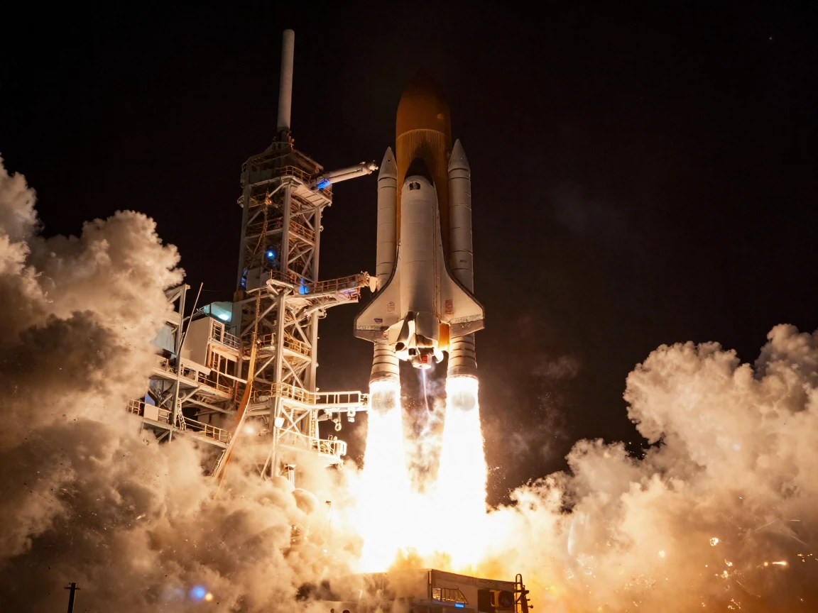 A spacecraft launching into the night sky in a blaze of fire and smoke