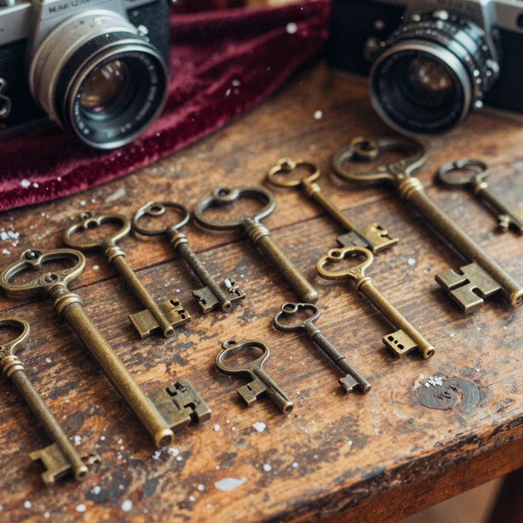 A collection of antique keys arranged on a weathered wooden table, in warm morning light, amid gently falling snow, in the height of summer, with rich burgundy and gold accents, in a tight close-up.