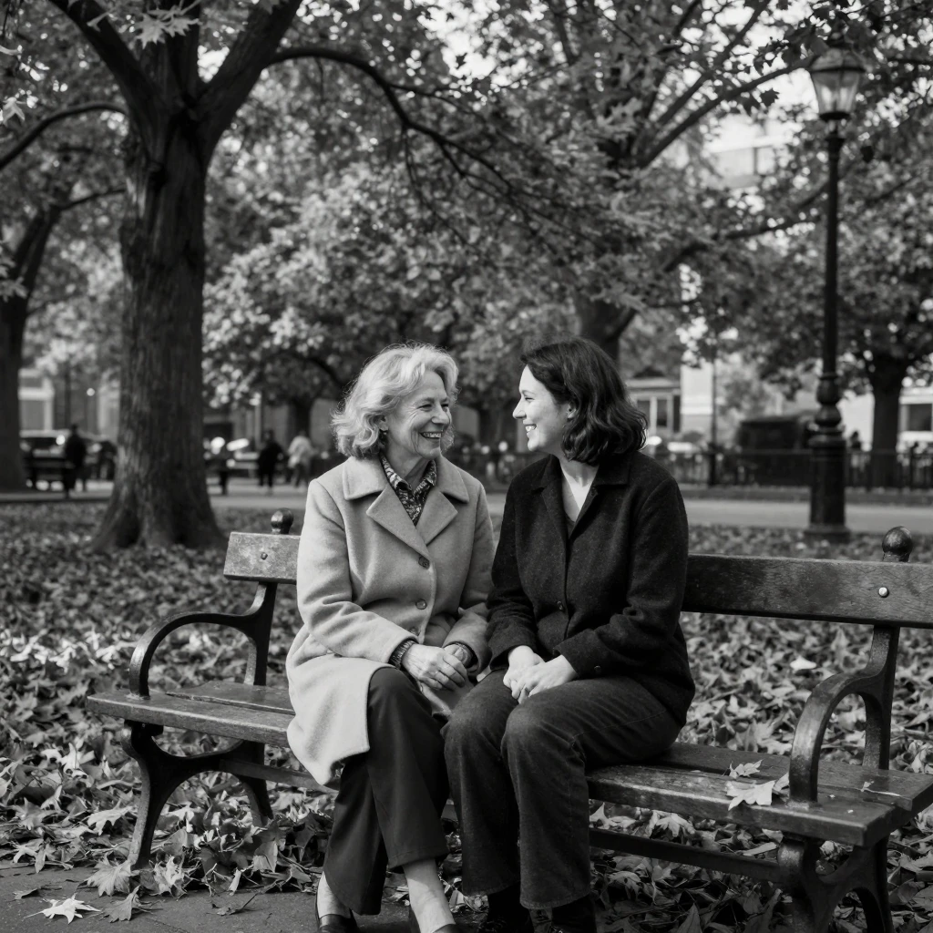 A widow and a new friend share a quiet laugh on a park bench beneath autumn trees.