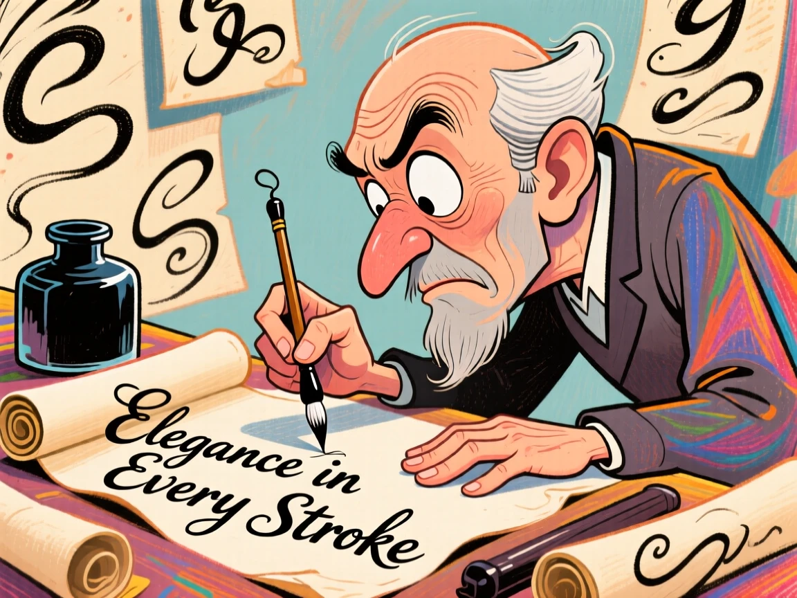 A calligrapher carefully inking elegant letters with a fine brush.
