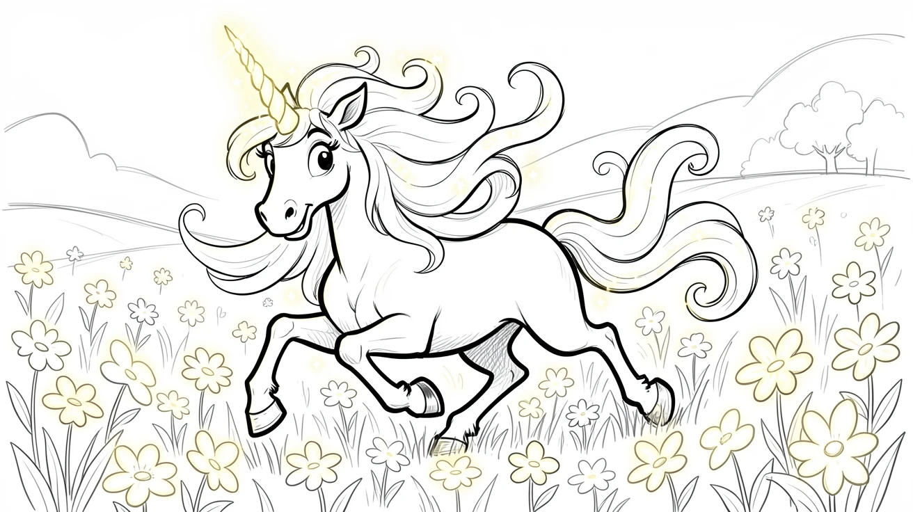 [Fantasy & Imaginative Scenarios] Imaginative fantasy scene of a unicorn galloping through a field of glowing flowers, brimming with wonder
