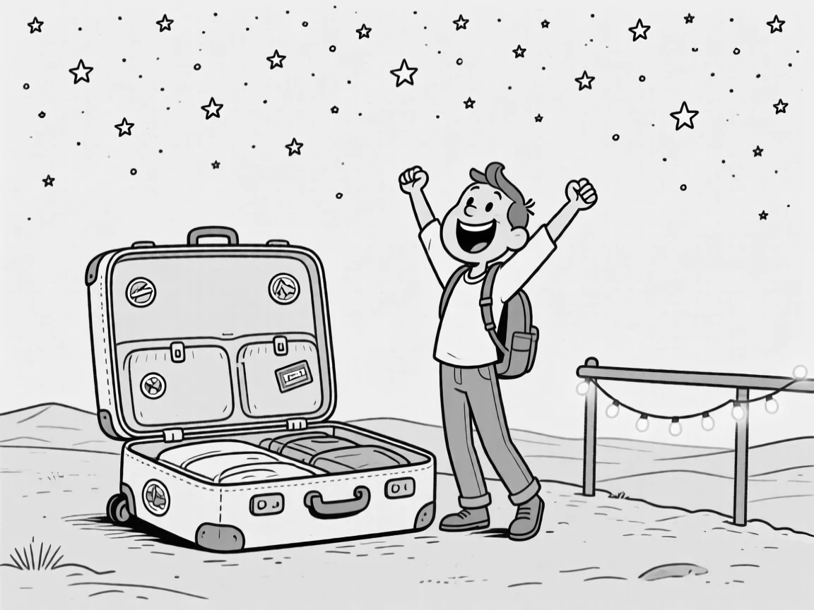 A traveler unfolding an impossibly oversized suitcase, throwing both arms up in pure victorious joy, set parked beneath a blanket of stars in the desert. Fairy lights twinkle along a nearby railing. The scene captures the giddy chaos of exploring somewhere new.