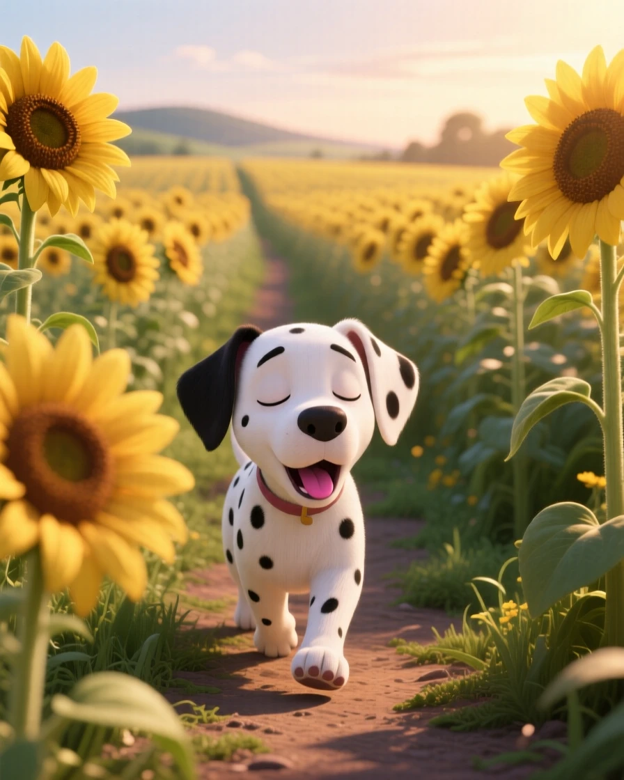 A spotted dalmatian puppy is wandering through a field of sunflowers, yawning with a tiny open mouth. A gentle, sleepy calm fills the moment, with soft light catching its fur.