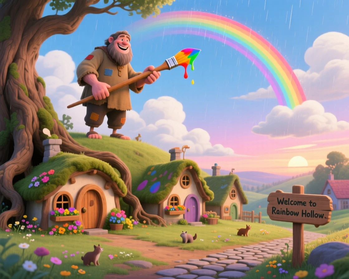 In a village of tiny cottages built into tree roots, a friendly giant discovers a moment of wonder while painting rainbows across the sky, with clouds drifting lazily below.