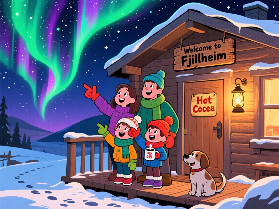 A family in Norway watching the northern lights from a cabin porch.