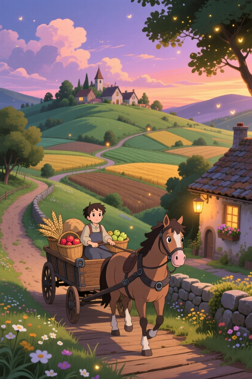 A hillside village overlooking a patchwork of fields, with a horse-drawn cart trundling down the lane, as evening settles in.