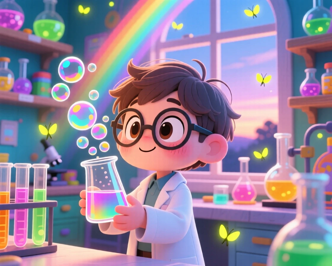 Three-quarter view: a small scientist, watching bubbles rise from a beaker with wonder, set against a colorful laboratory as fireflies begin to glow at dusk, with bright rainbow-tinted light and a mood of giggling amusement.