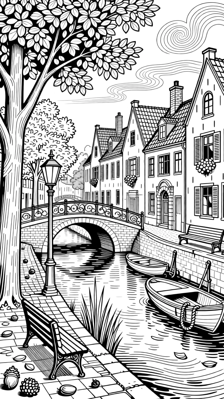 Canals and bridges of a quiet northern European neighborhood in autumn.