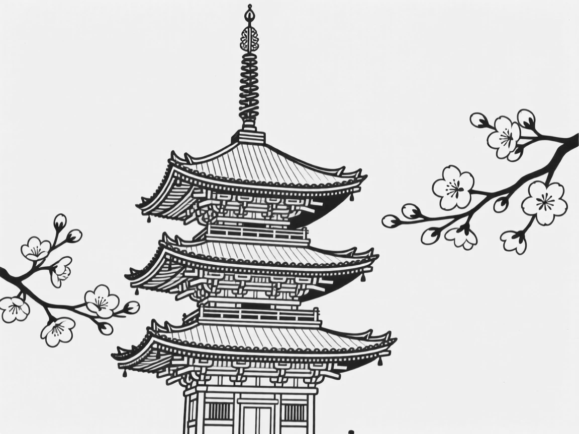 A traditional Japanese pagoda surrounded by cherry blossoms