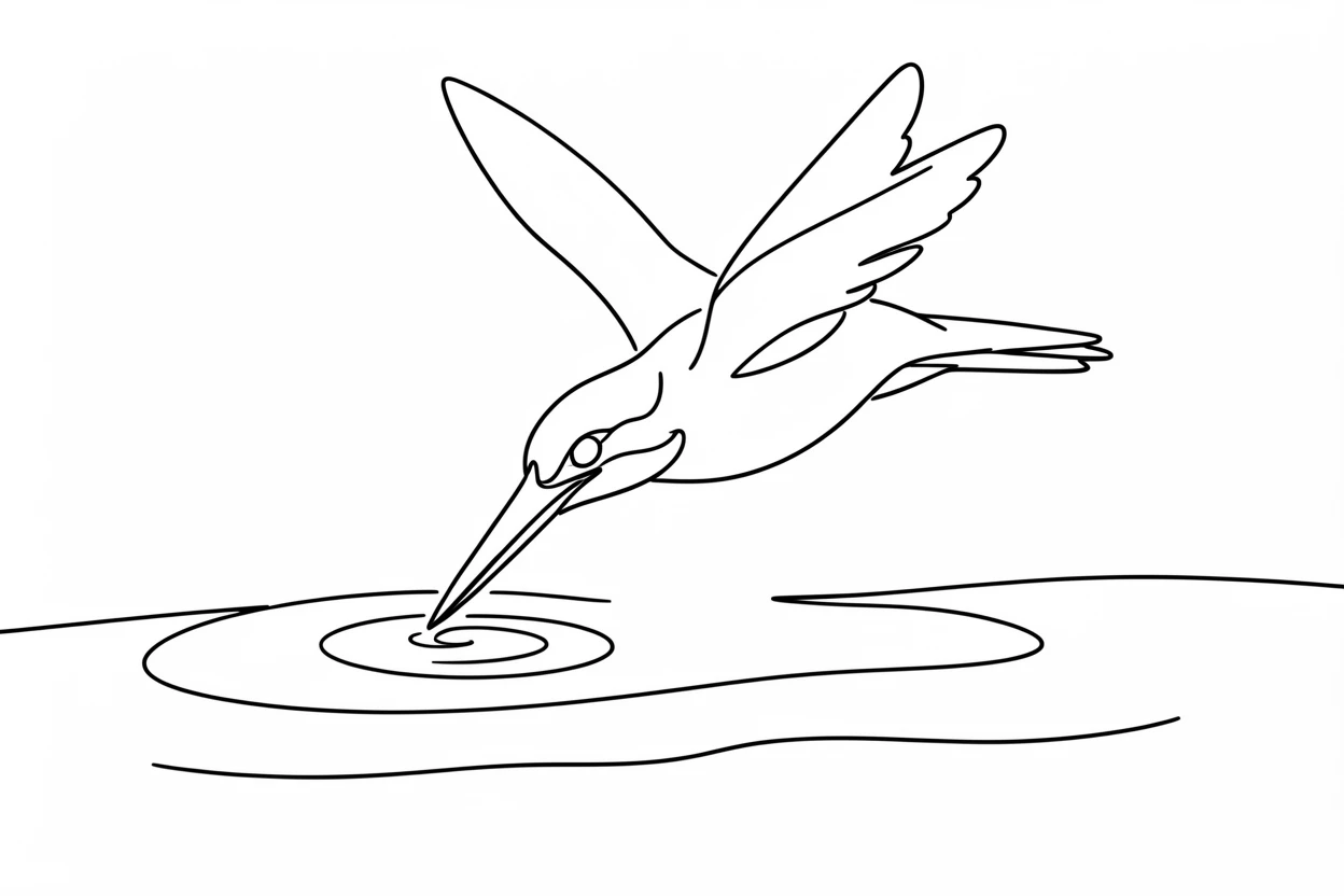 A kingfisher diving toward the surface of a still river
