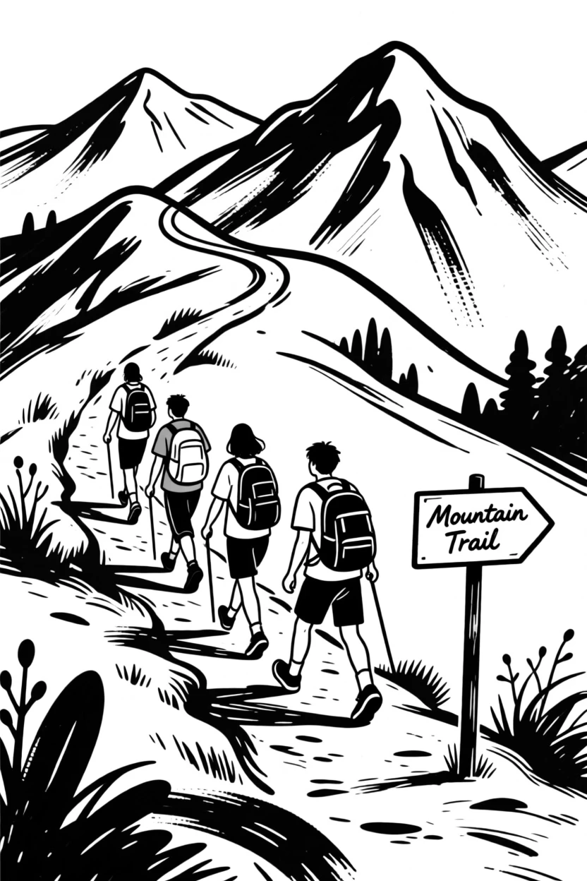 A group of friends hiking together up a scenic mountain trail.