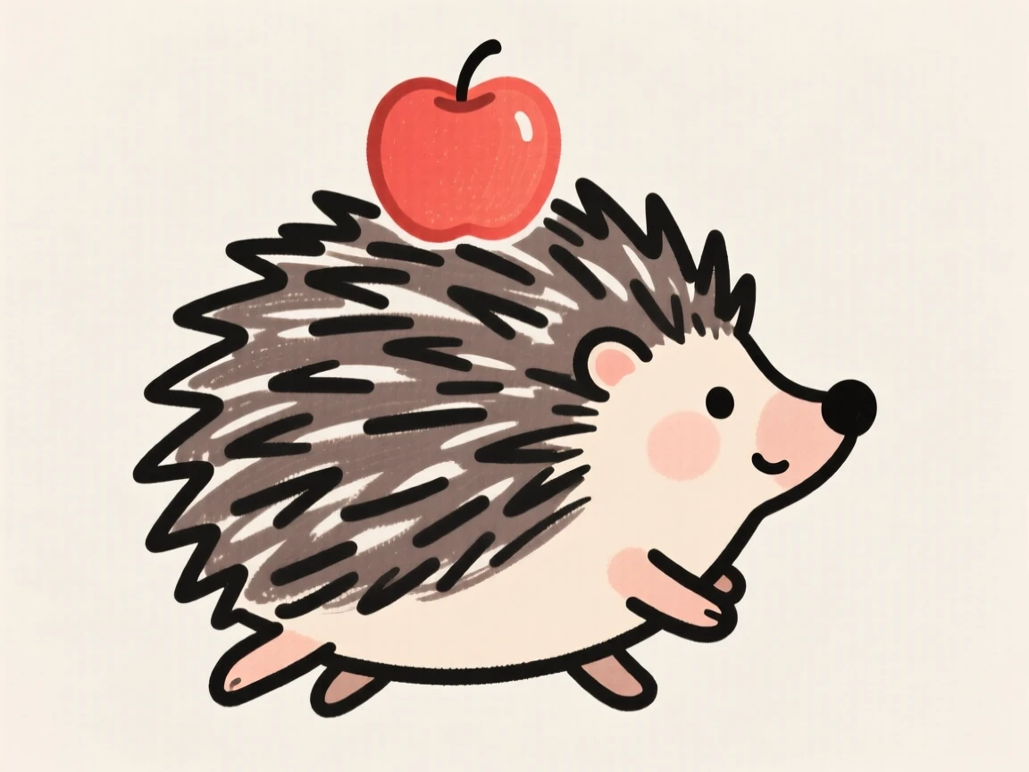 A round cartoon hedgehog carrying an apple on its back.