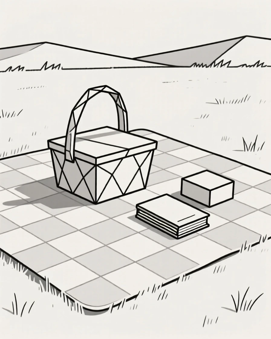 A summer picnic scene with a blanket and basket