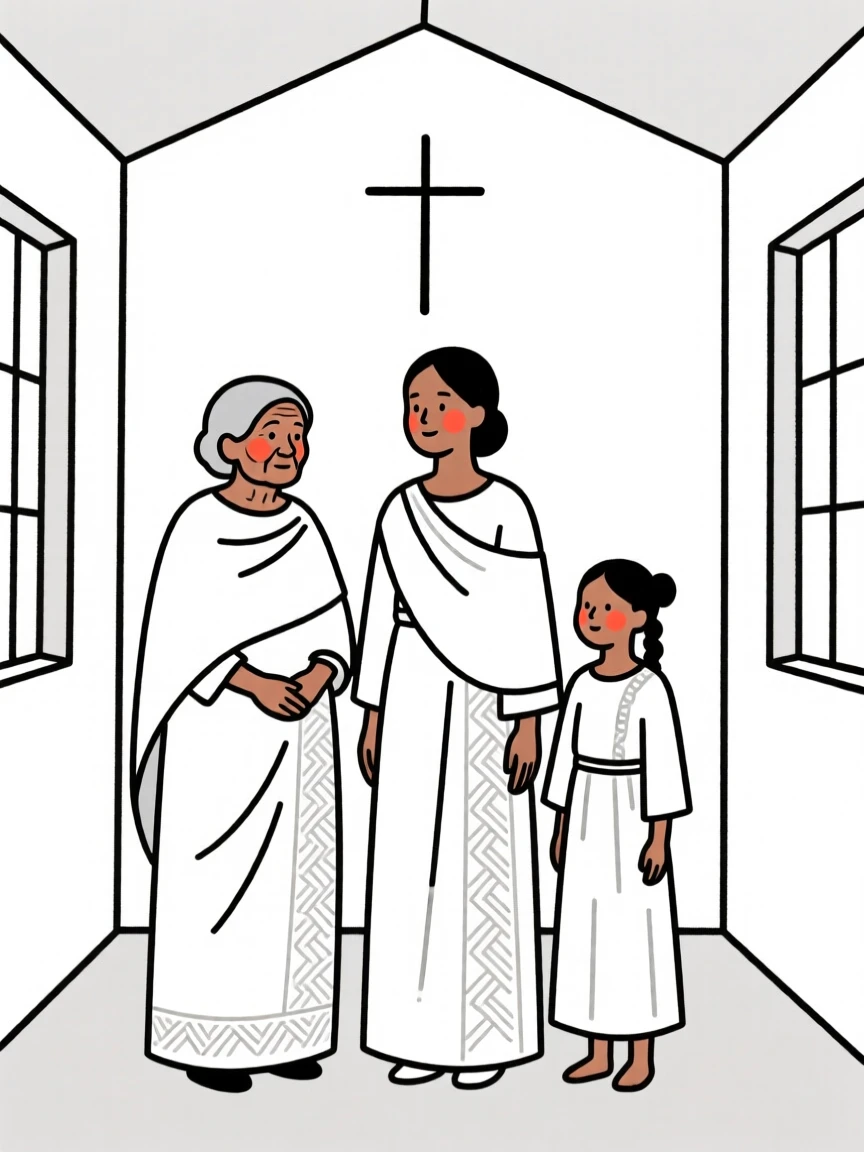 Three generations of women wearing an Ethiopian habesha dress, in a quiet chapel.