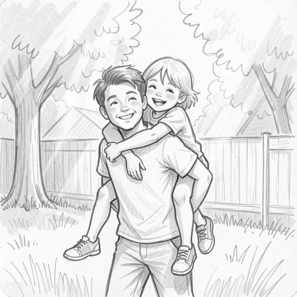 A heartwarming family moment: siblings sharing a piggyback ride in a sunlit backyard, brimming with heartfelt love.