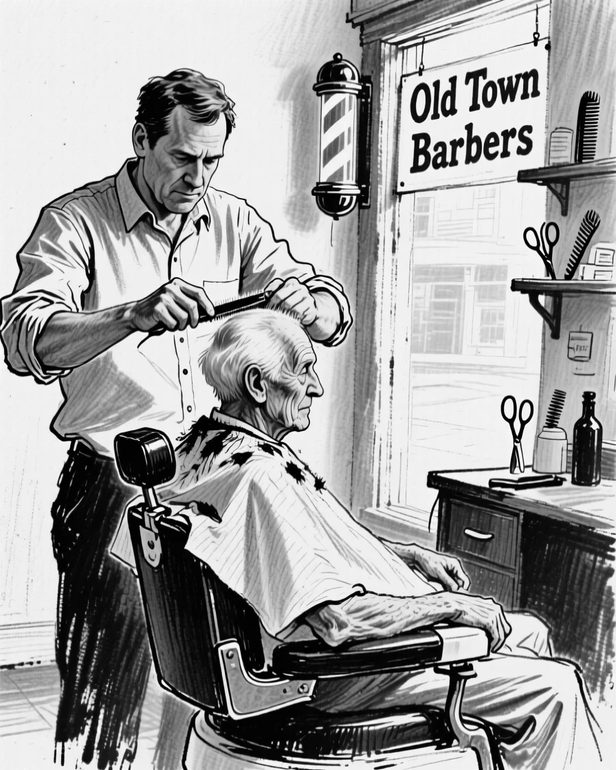 A barber giving an old customer his weekly haircut, on a quiet, peaceful afternoon.