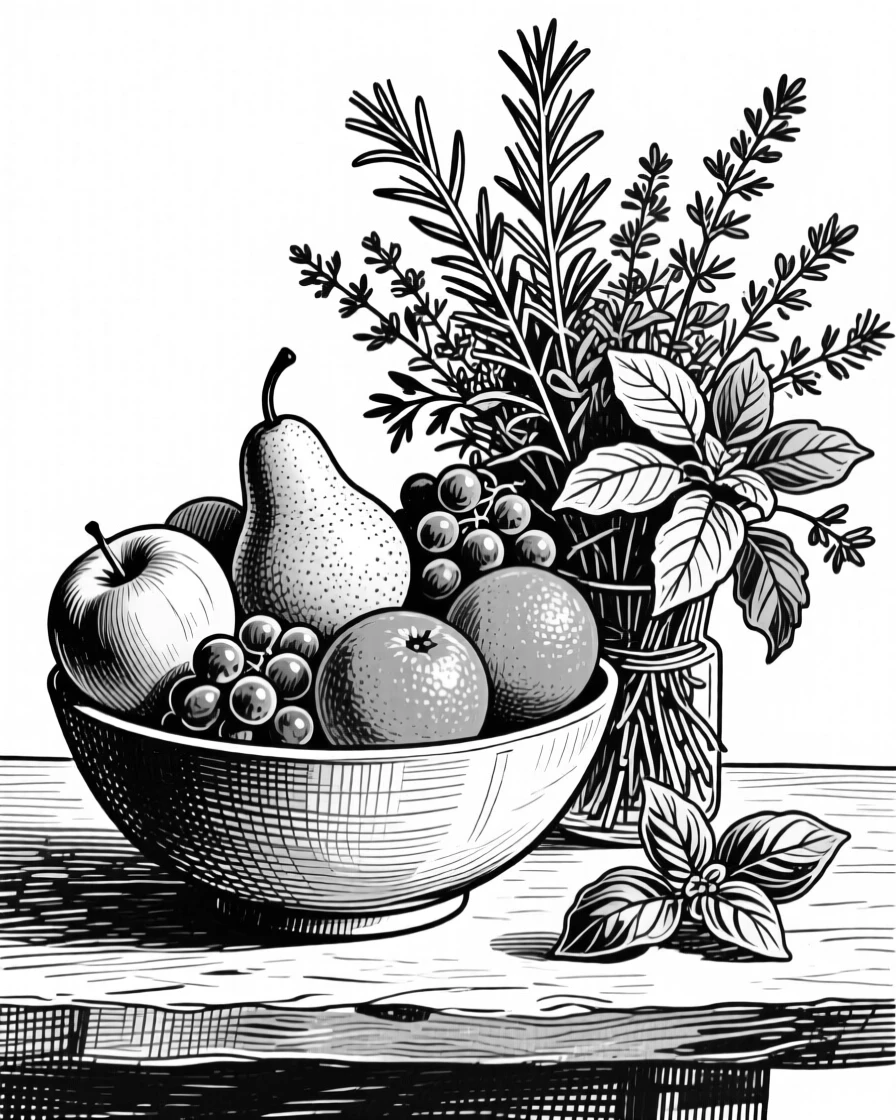 A bowl of ripe seasonal fruit set beside a bouquet of fresh herbs, with sunlight catching the glossy surface, presented in a richly appetizing culinary still life.