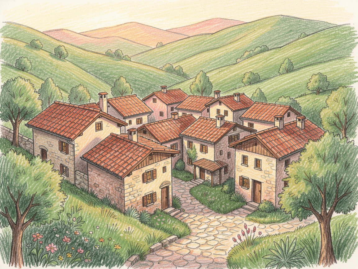 A mountain village with terracotta rooftops nestled among green hills, bathed in the warm glow of golden-hour light, celebrating a moment people would love to revisit.