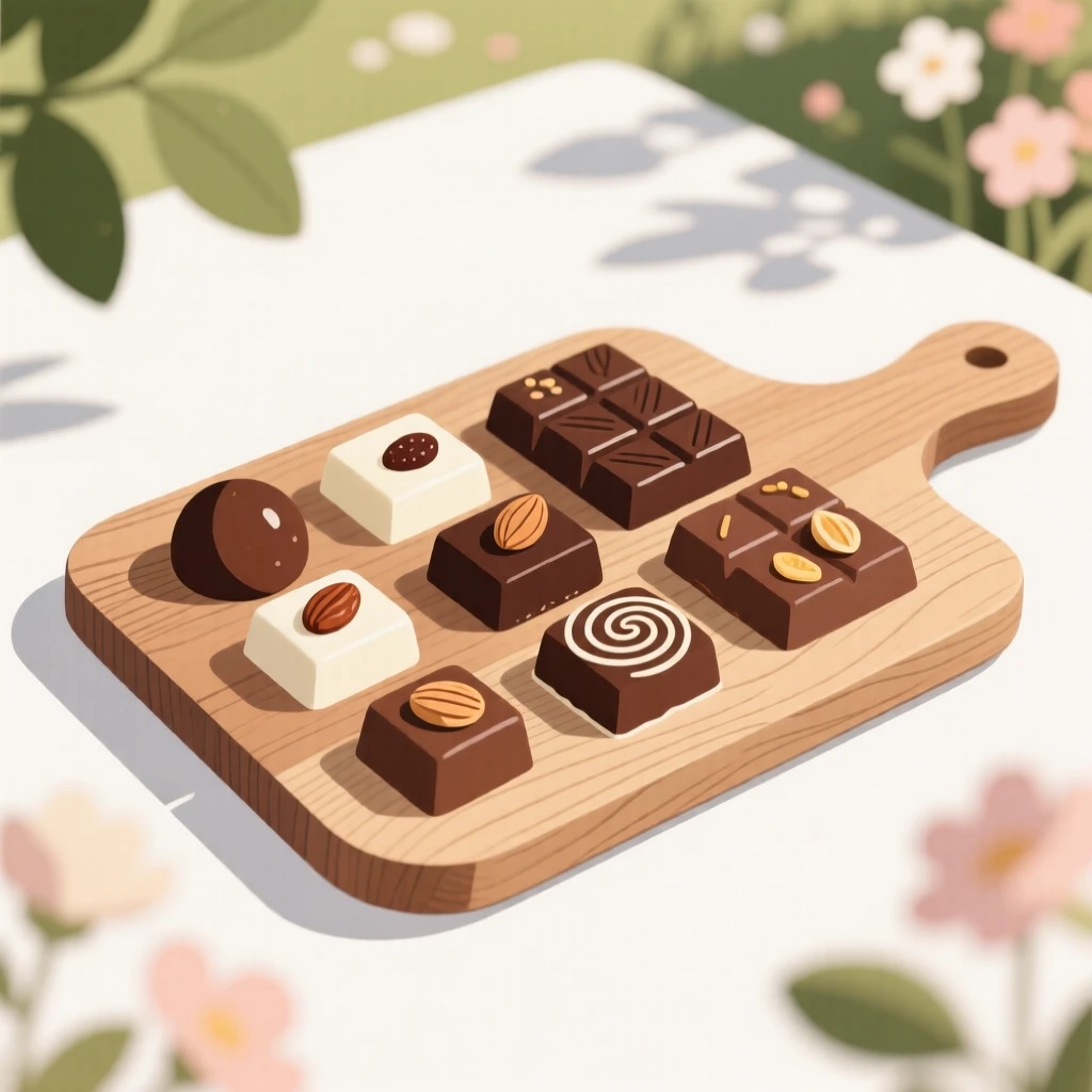 A display of artisan chocolates beautifully displayed on a rustic wooden board at a garden party.