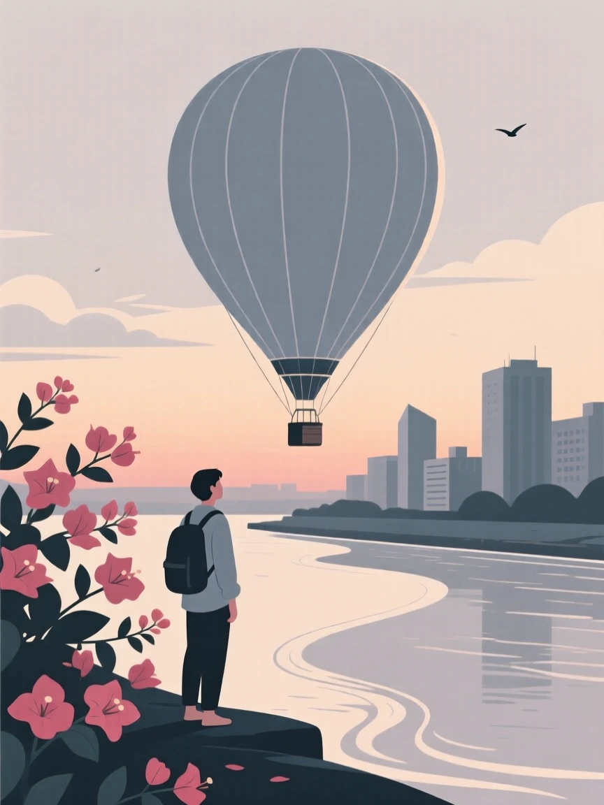 A traveler standing before a hot air balloon rising in a riverside city at dusk, with blooming bougainvillea nearby, feeling quiet discovery.