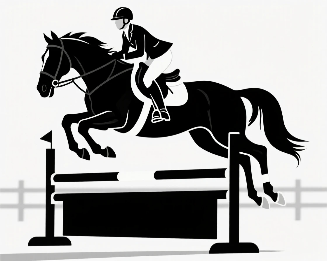 A horse and rider clearing a jump at an equestrian event.