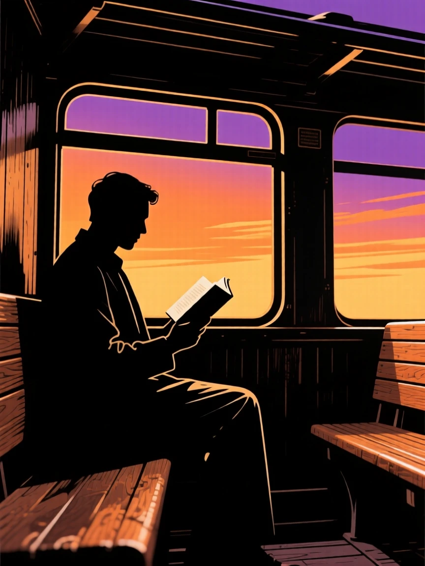 A commuter reading a book while riding an old wooden train carriage.