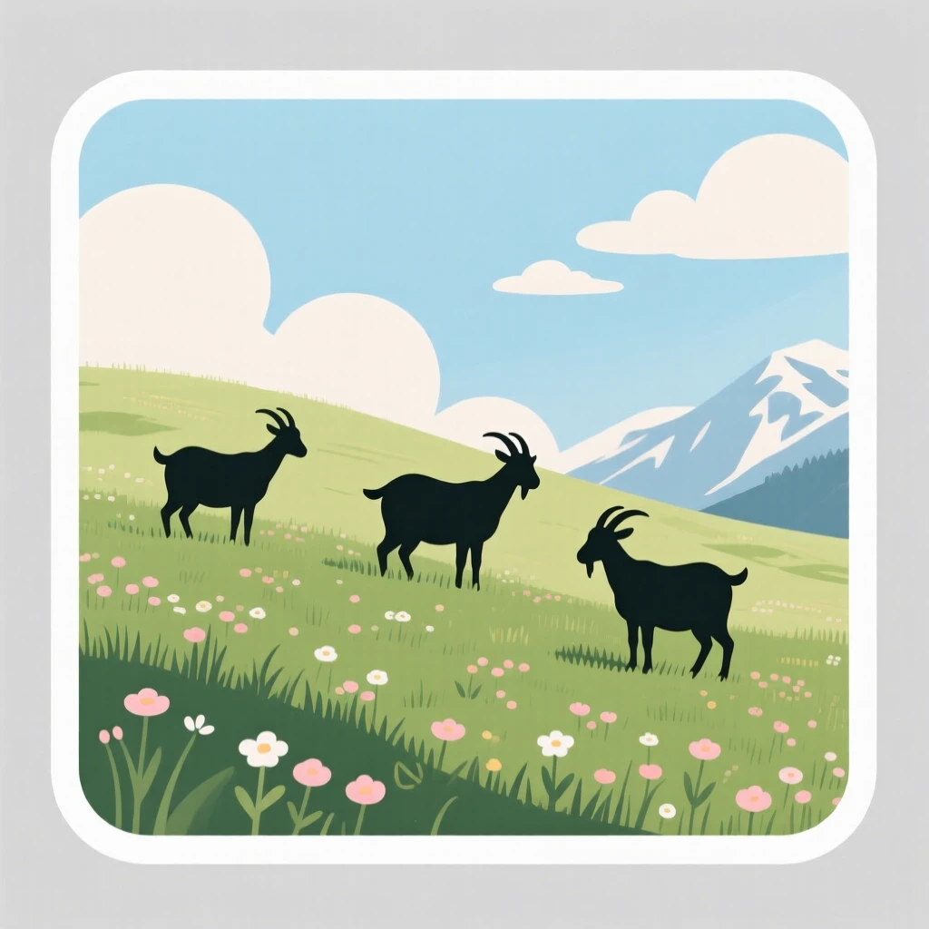 A serene alpine meadow with grazing goats, with soft clouds drifting overhead, far from any city lights.