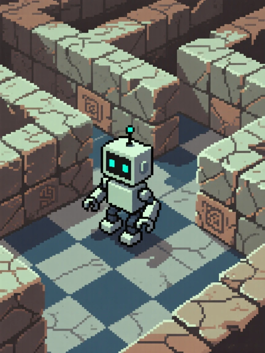 A robot companion navigating a maze of ancient stone puzzles, on a checkerboard battlefield of tiles.