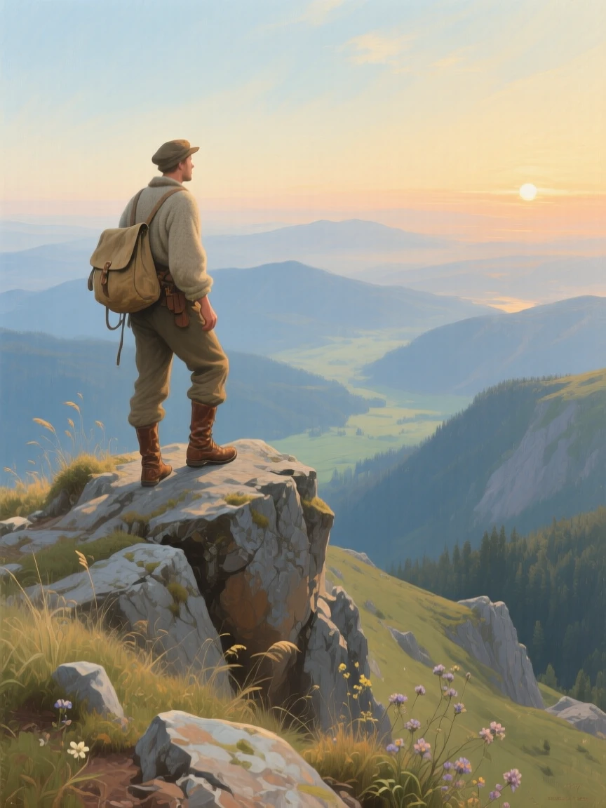 A panoramic view of a lone hiker pausing atop a windswept summit to admire the view, in the height of summer, in early morning light.
