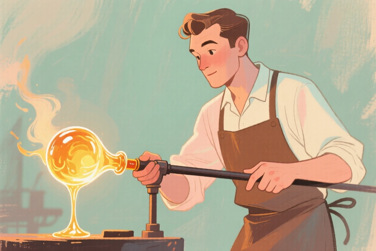 A glassblower shaping molten glass at the end of a long pipe