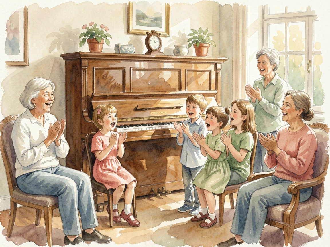 Children singing around a piano surrounded by loving family nearby.